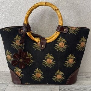 Relic Canvas & Leather Pineapple Tote with Bamboo Handle NWOT